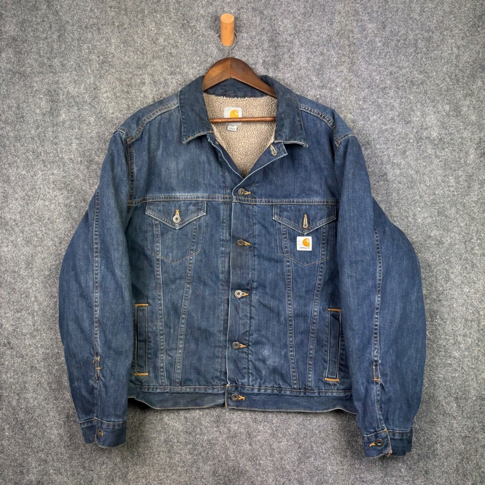 Carhartt Denim Trucker Jacket Mens 2XL Blue Sherpa Lined Workwear J292 ABL